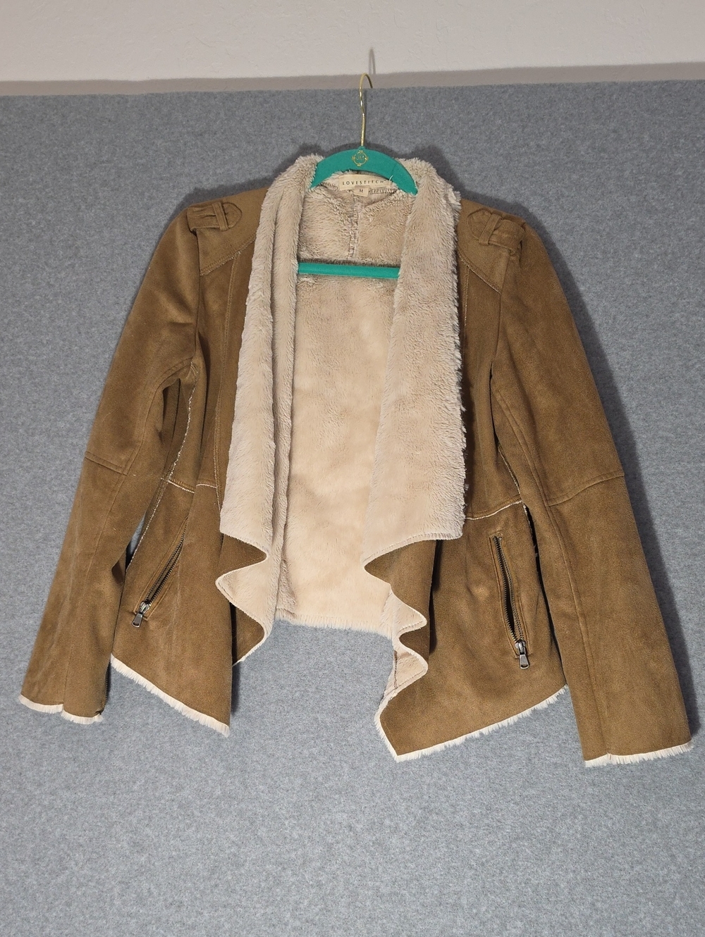 lovestitch Tan Faux Suede Draped Shearling Jacket